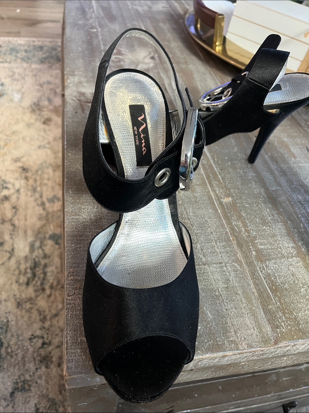 Nina New York Black Satin Peep Toe Platform Heels Size 10